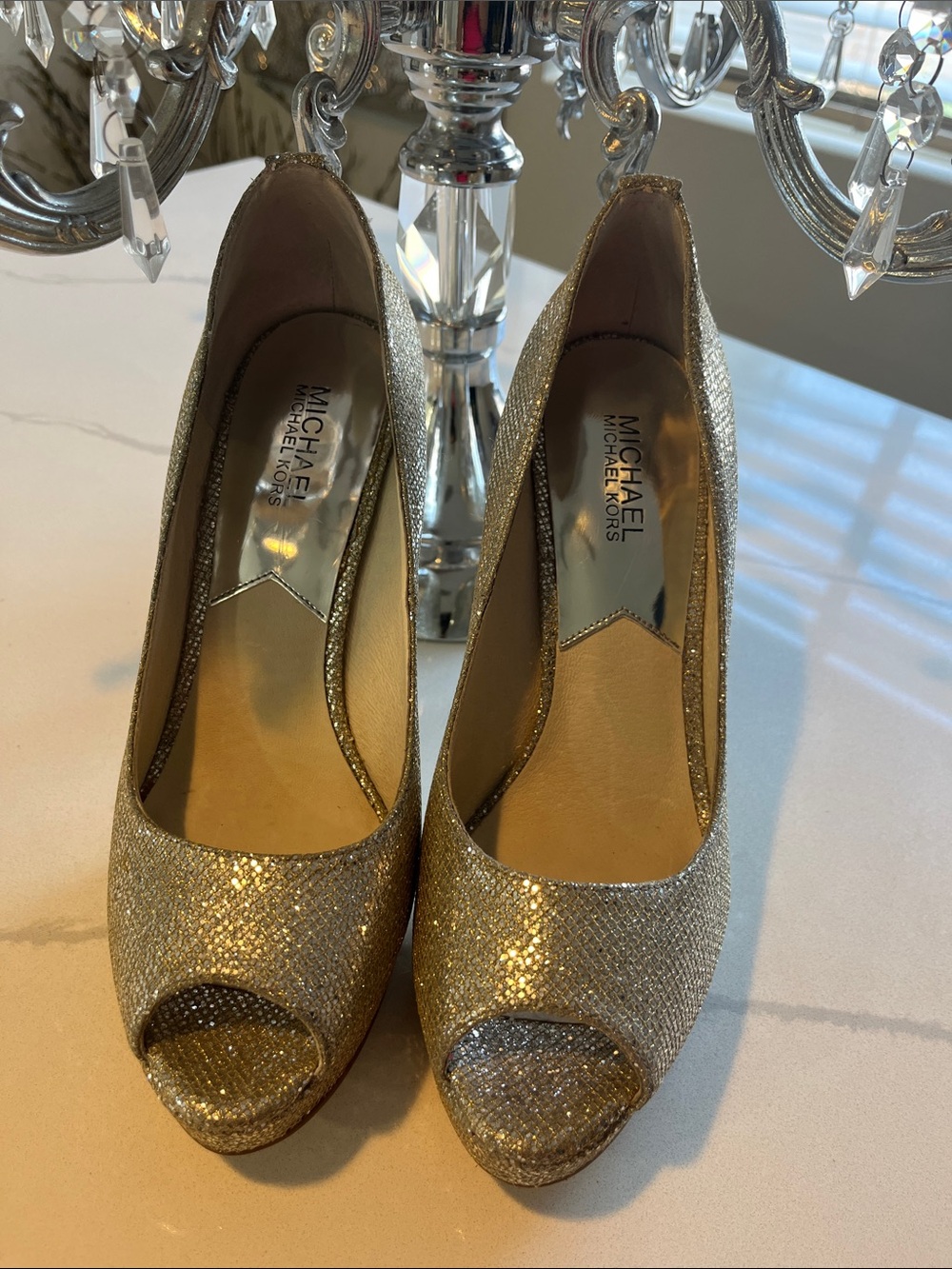 Michael Kors Gold Glitter Peep-Toe Heels
